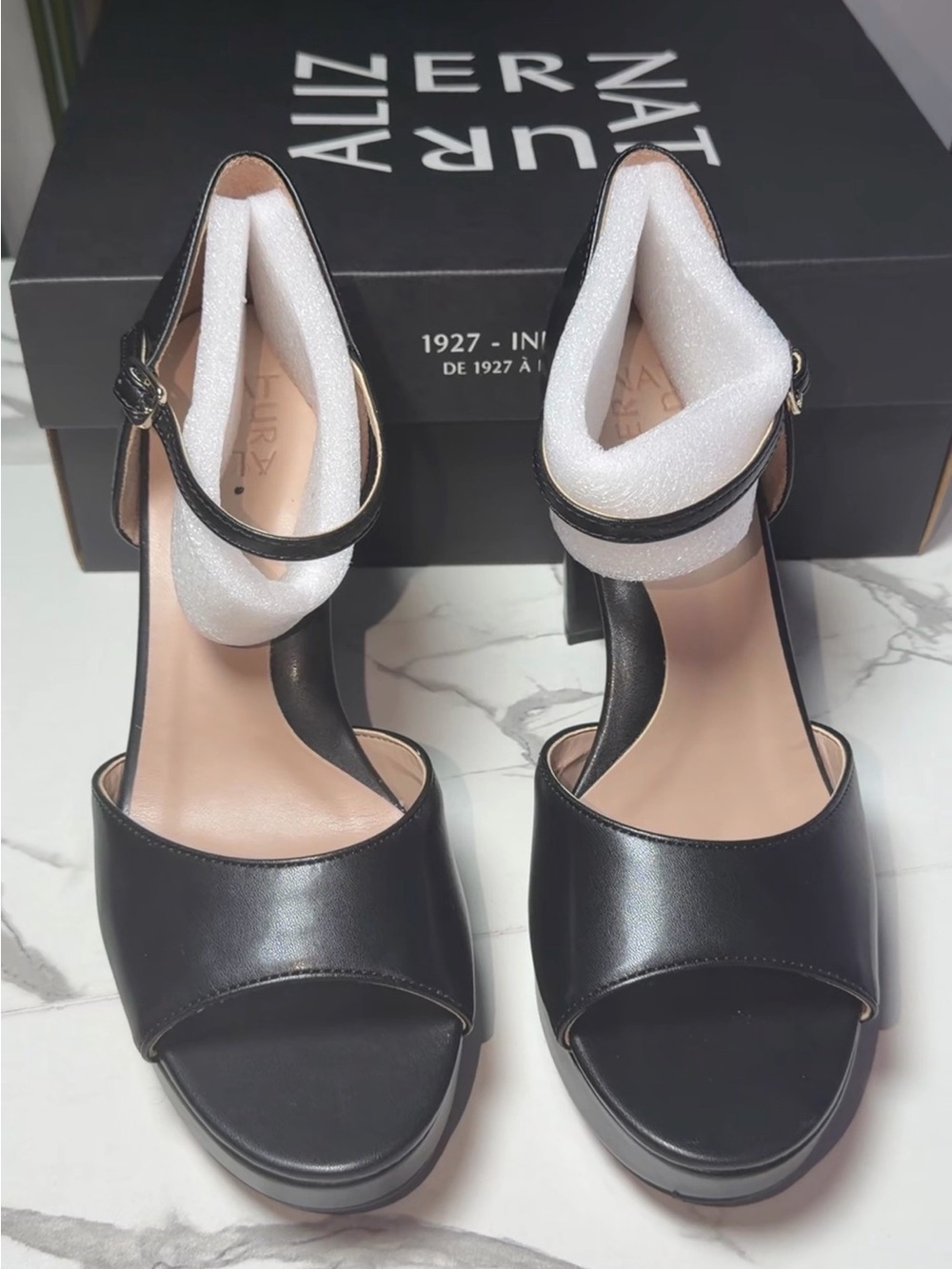 Black Leather Ankle-Strap Block Heels by ALIZE NUR